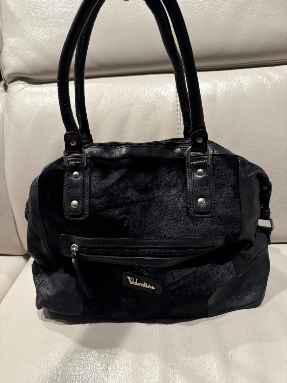 Valentina Black Leather & Haircalf Shoulder Bag